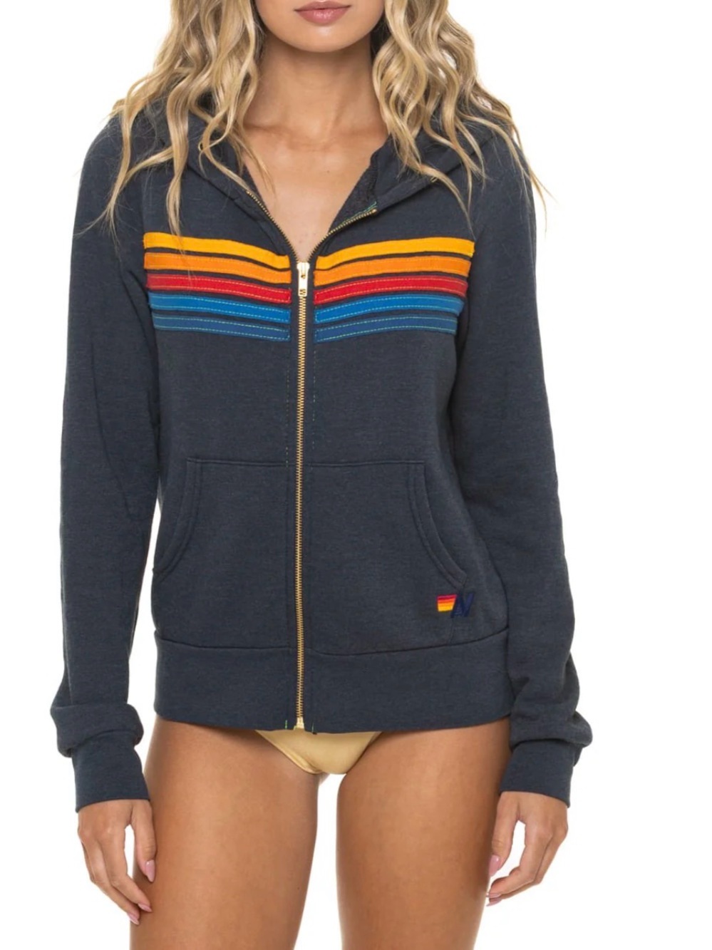 Aviator Nation “Charcoal” Zip Hoodie with Yellow, Red & Blue Stripes